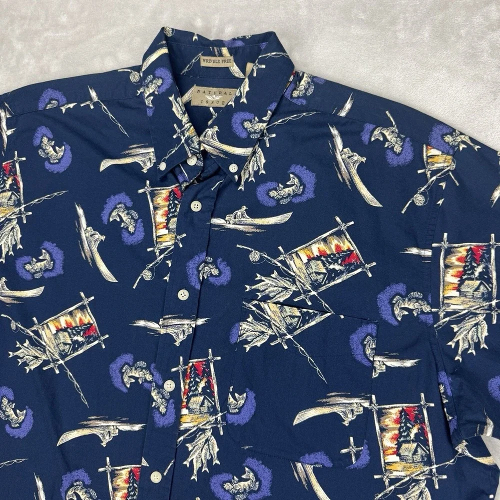 Vintage Natural‎ Issue Button Down Large Men's Fishing Camping Hawaiian Shirt